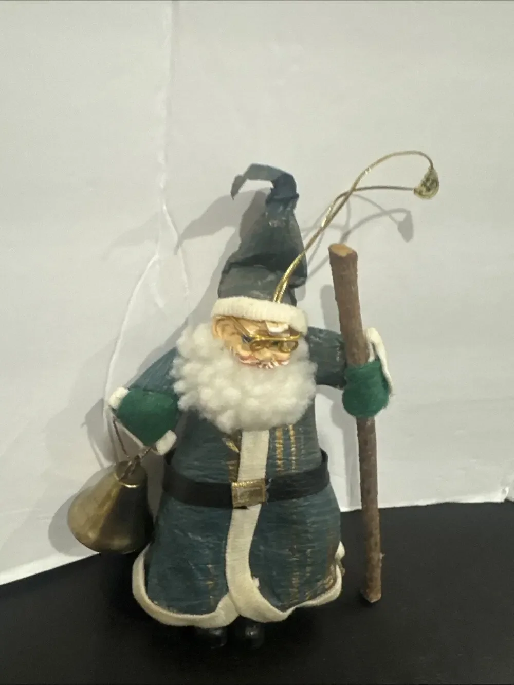 Vintage Paper Mache Blue Santa Claus Bell Ornament w Staff Christmas Decor